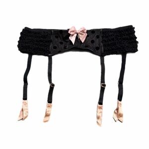 90s/Y2K European Vintage Hunkemöller Dot Lace Ruffle Garter Belt (Black/Pink) L